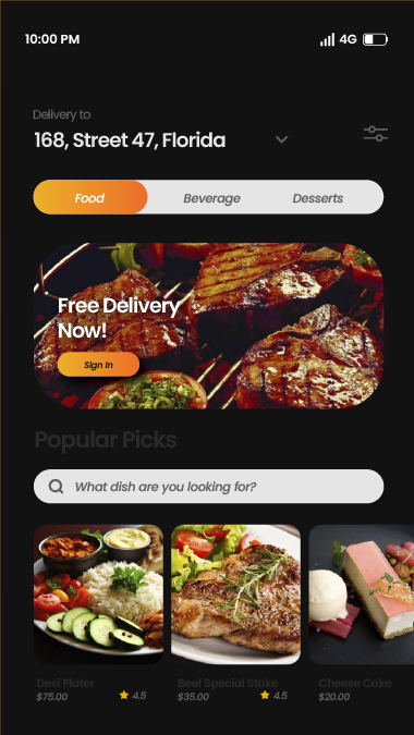 Fork & Flame home screen with delivery address, category tabs, a Free Delivery banner and Popular Picks