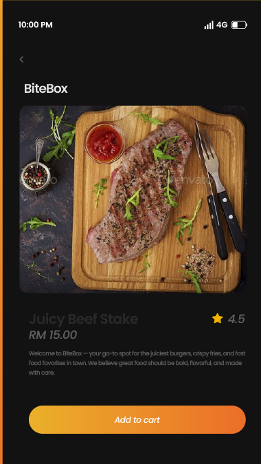 Fork & Flame dish detail for Juicy Beef Stake with rating, description and an Add to cart button