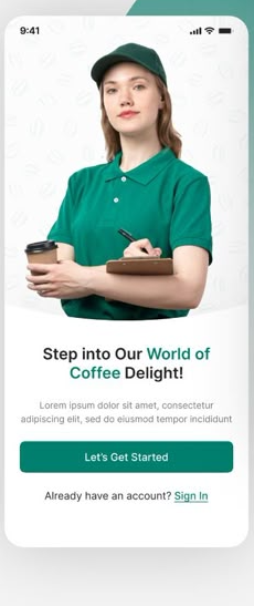 Crema onboarding screen with a smiling barista and a Let's Get Started button