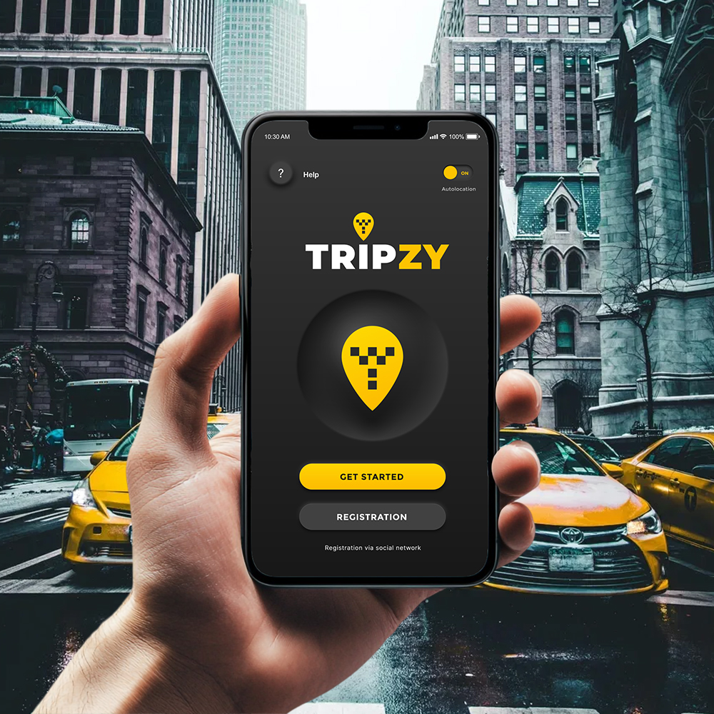 Tripzy app open on a phone held up on a New York street lined with yellow cabs