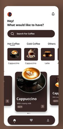 Coffee Lover home screen with a greeting, search, style tabs, thumbnails and a featured Cappuccino card