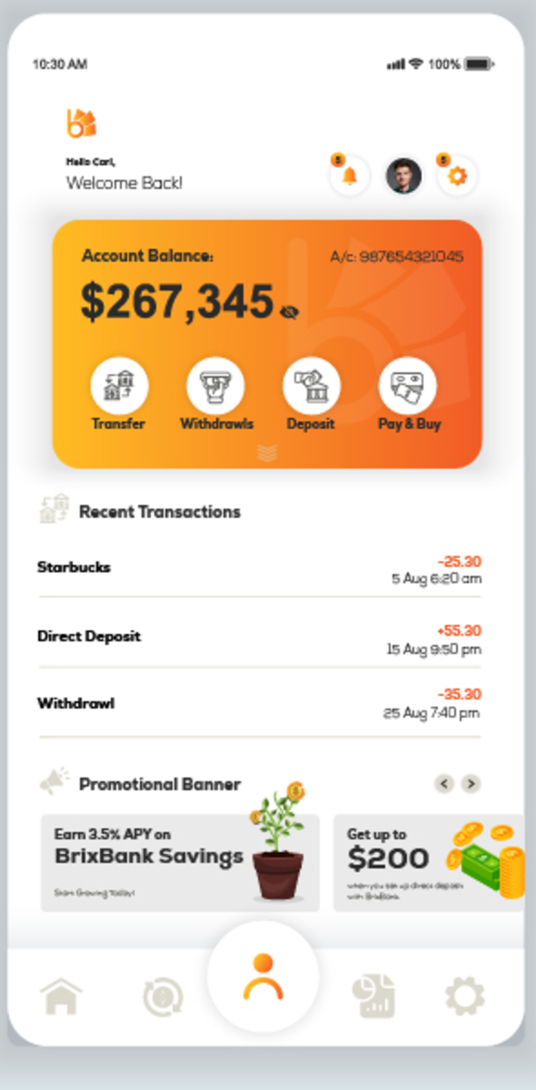 BrixBank dashboard with account balance and transactions