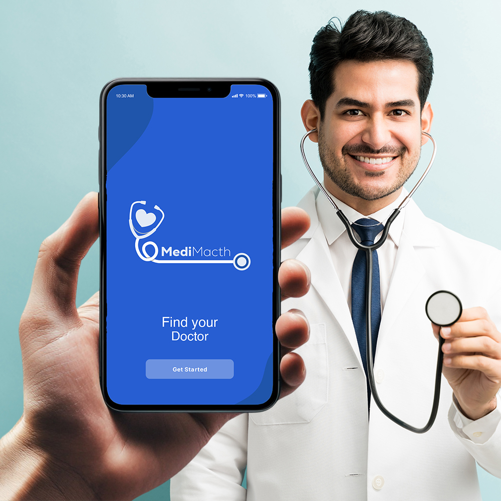 MediMacth app open on a phone, held up beside a smiling doctor wearing a stethoscope
