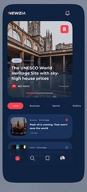 Newzia home feed with a featured story carousel, category tabs and a bottom navigation bar