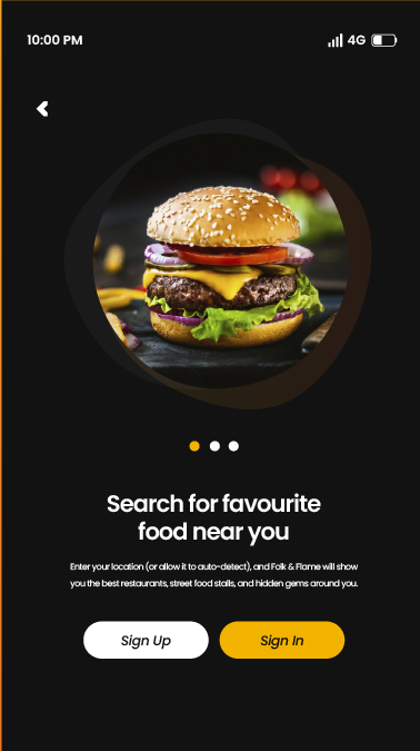 Fork & Flame onboarding screen with a burger image and Sign Up / Sign In buttons
