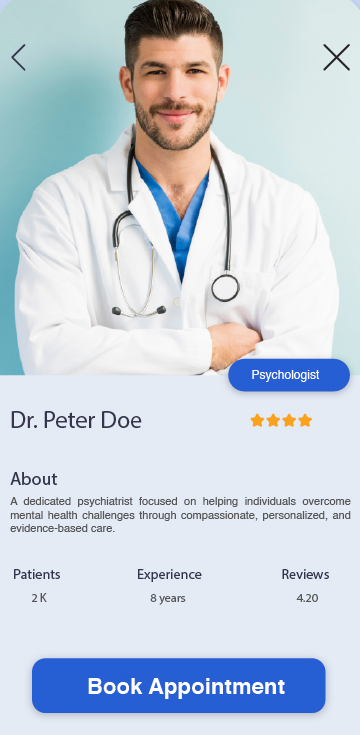 MediMacth doctor profile for Dr. Peter Doe with rating, about, stats and a Book Appointment button