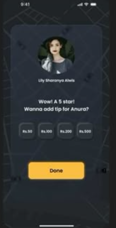 Ridezilla rating screen with a driver photo, a five-star prompt and Rs 50 to Rs 500 tip chips