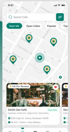 Crema discovery map with café pins, filter tabs and a Zenith Zen Café detail card