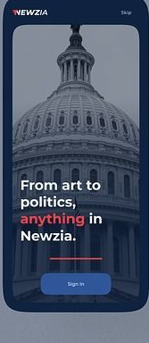 Newzia welcome screen with the US Capitol dome and the line From art to politics, anything in Newzia