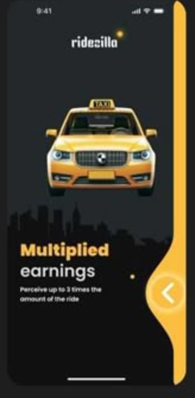 Ridezilla onboarding screen showing a yellow taxi with the headline Multiplied earnings