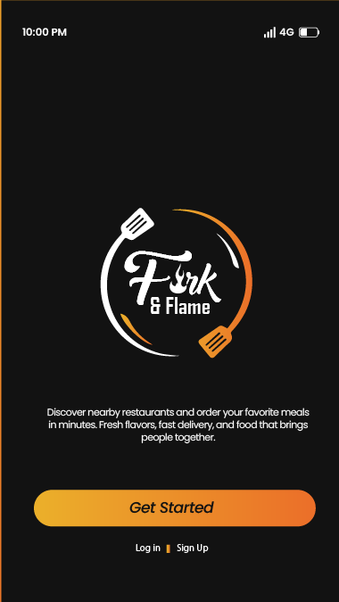 Fork & Flame splash screen with the logo and a Get Started button