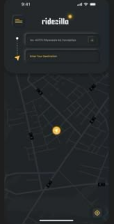 Ridezilla find-a-ride screen with pickup and destination search over a map
